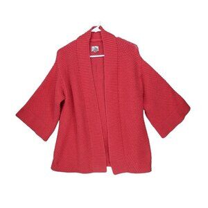 Chico's Open Knit Cardigan‎ Sweater Pink Size 2 (L/12) 3/4 Bell Sleeve Chunky